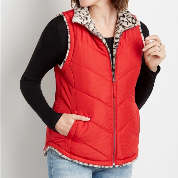 1X Leopard Reversible Sherpa Zip Up Vest - Picture 4 of 17